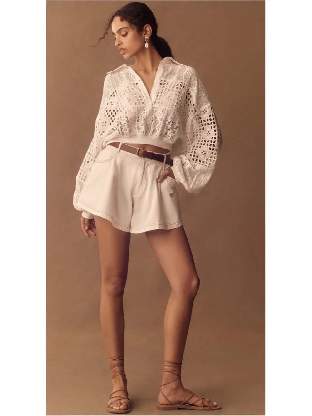 PILCRO by ANTHROPOLOGIE Women’s Size S White Cutwork Bubble-Sleeve Cropped Shirt